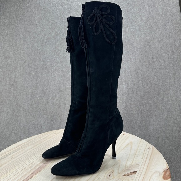 J Vincent Black Suede Stiletto Knee High Boots Decorative Tassel Bow Size 9M - Picture 2 of 16